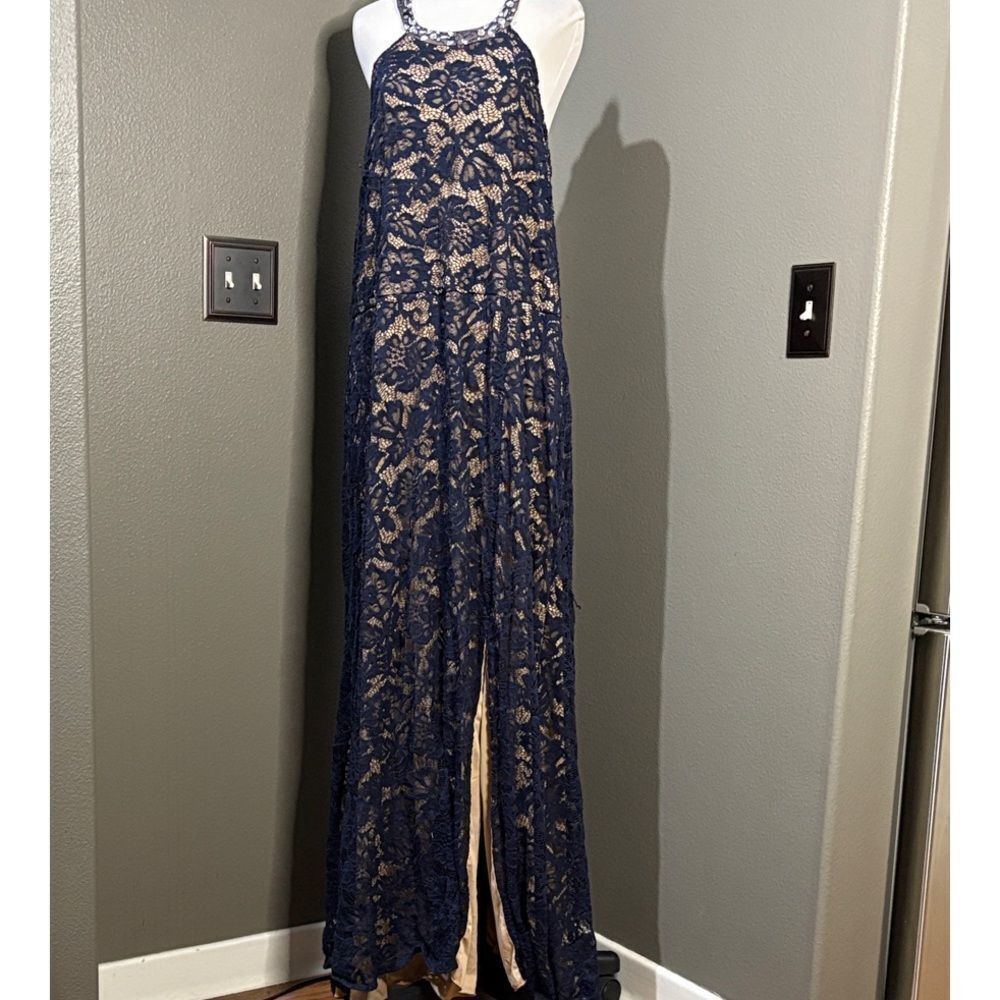 B. Smart Midnight Blue and Cream Lace Gown